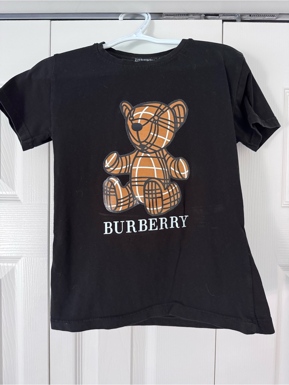 Unisex Youth Burberry Black Tee with Tan Plaid Bear Graphic